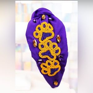 PURPLE AND YELLOW PAW PRINT SEED BEAD KNOTTED HEADBAND